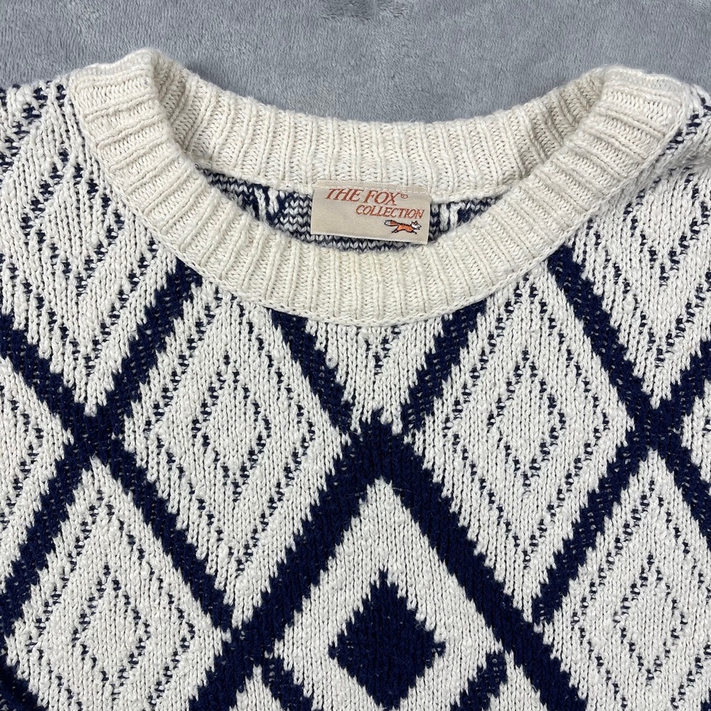 The Fox Collection Vintage Mens Large Diamond Knit Cotton Sweater Navy Cream USA - Picture 9 of 9